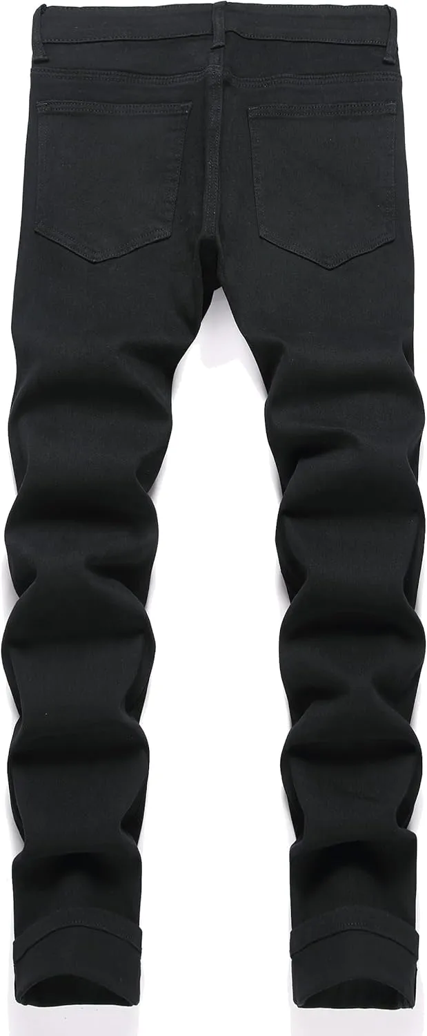 Men's Ripped Patch Elastic Jeans Fashion Slim Fit Regular Denim Pants