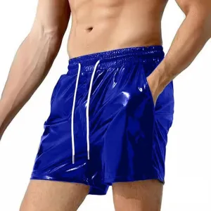 Men's Shiny Faux Leather Shorts, Casual Elastic Waist Beach Shorts, Clubwear Lounge Shorts