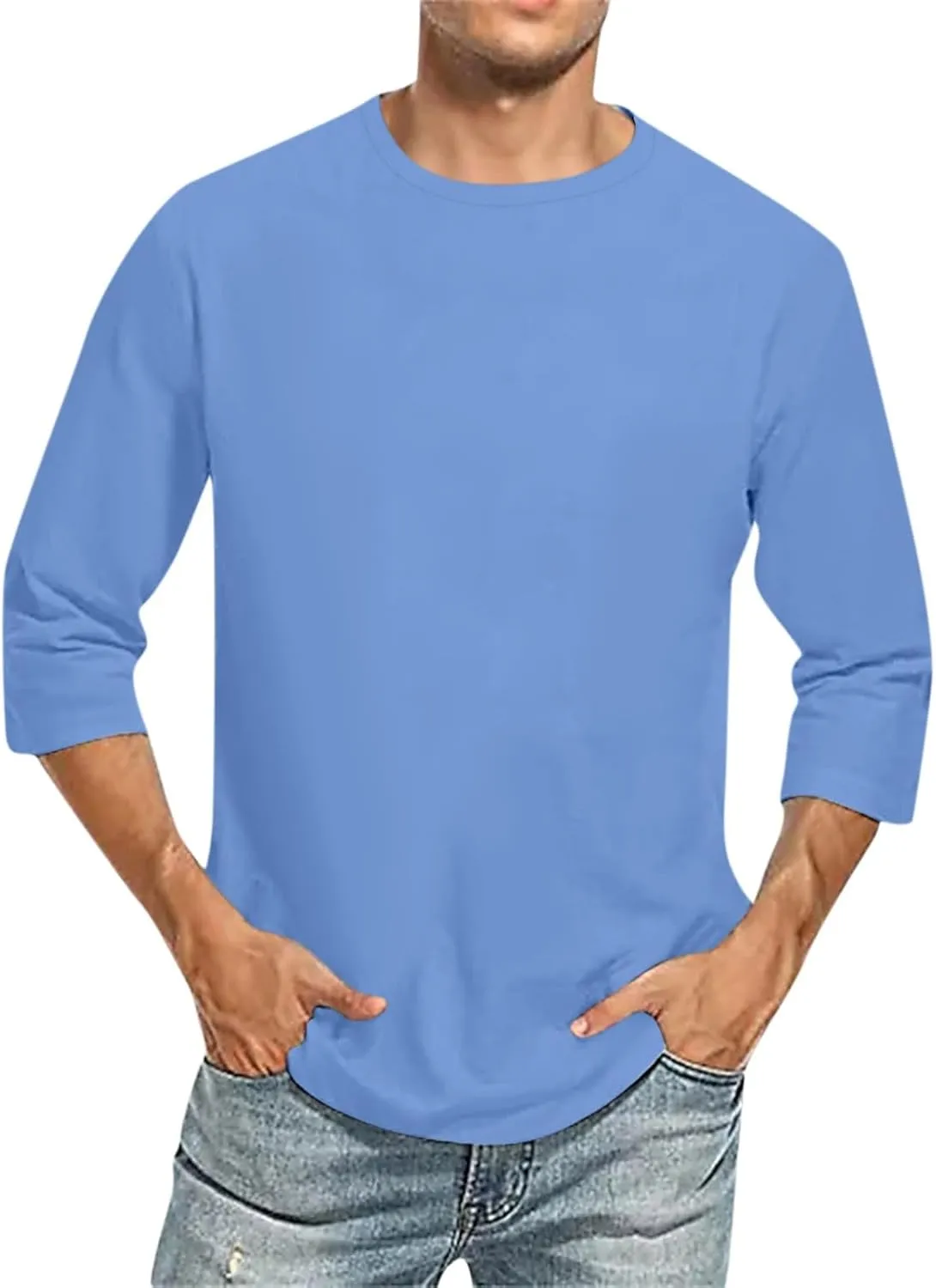 Mens Shirts 3/4 Sleeve Crewneck Casual Hawaiian Funny Casual 3/4 Sleeve T Shirts Workout Tee Shirts Solid Pullovers