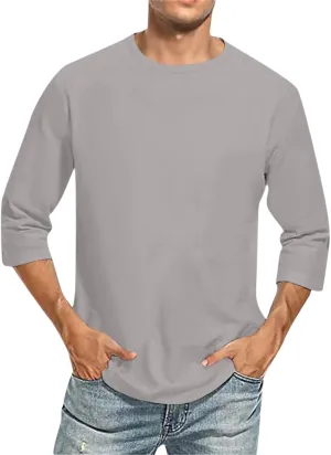 Mens Shirts 3/4 Sleeve Crewneck Casual Hawaiian Funny Casual 3/4 Sleeve T Shirts Workout Tee Shirts Solid Pullovers