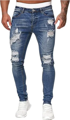 Mens Slim Fit Jeans Stretch Destroyed Ripped Skinny Jeans Big and Tall Denim Pencil Pants Fashion Trousers for Men