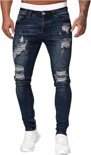 Mens Slim Fit Jeans Stretch Destroyed Ripped Skinny Jeans Big and Tall Denim Pencil Pants Fashion Trousers for Men