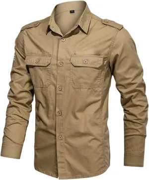 Men's Spring Military Shirt 100% Cotton Long Sleeve Shirts Epaulets Shirts