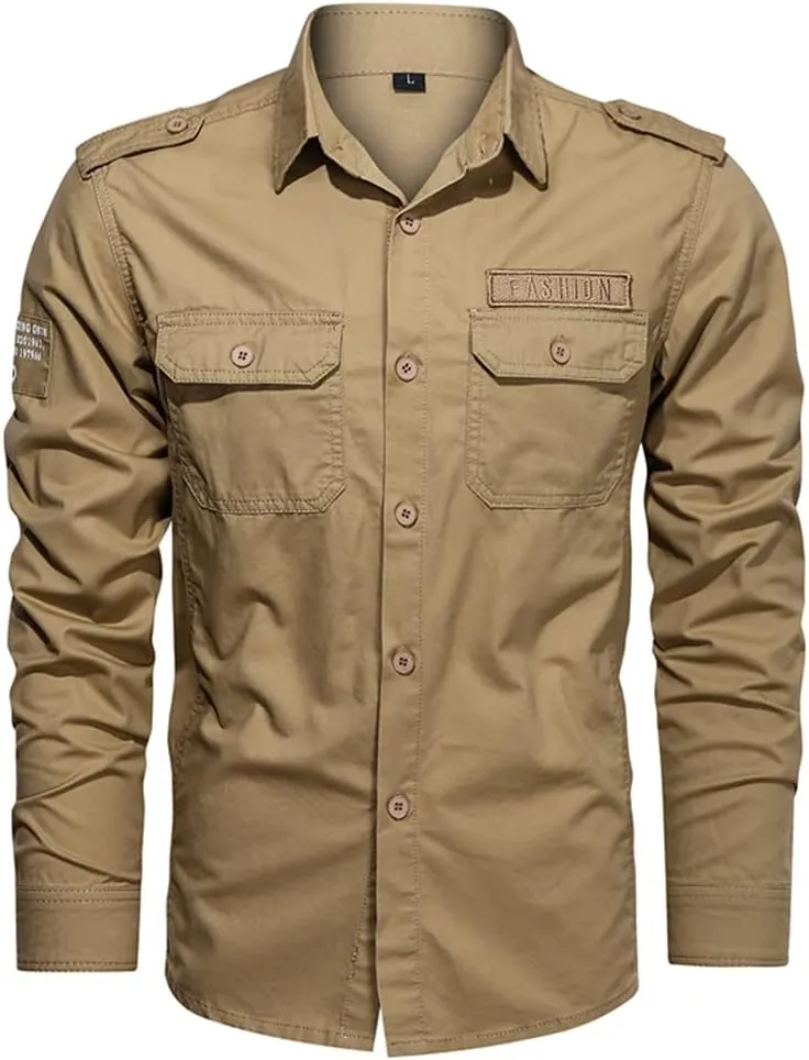 Men's Spring Military Shirt 100% Cotton Long Sleeve Shirts Epaulets Shirts
