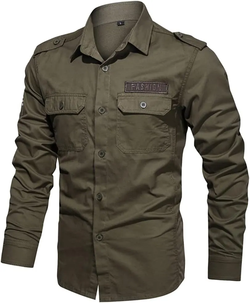 Men's Spring Military Shirt 100% Cotton Long Sleeve Shirts Epaulets Shirts