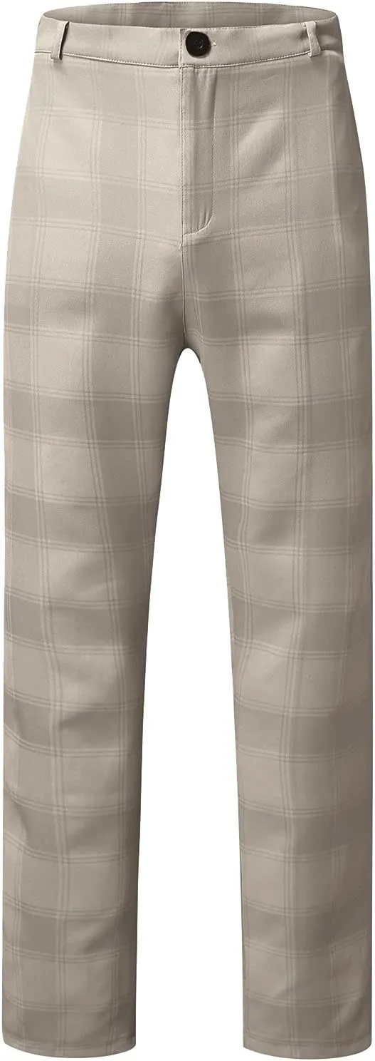 Men's Stretch Slim Fit Plaid Dress Pants Skinny Flat-Front Casual Work Business Checkered Tapered Chinos Pants