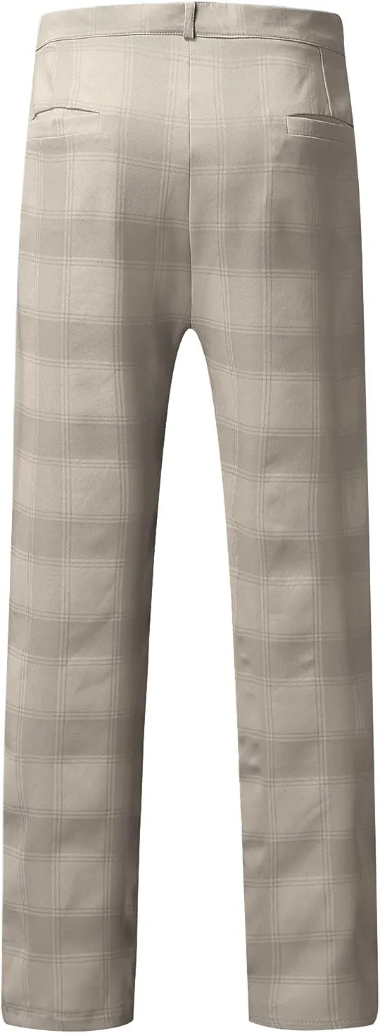 Men's Stretch Slim Fit Plaid Dress Pants Skinny Flat-Front Casual Work Business Checkered Tapered Chinos Pants