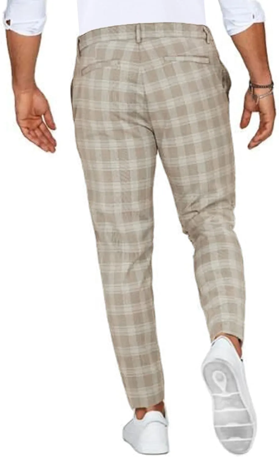 Men's Stretch Slim Fit Plaid Dress Pants Skinny Flat-Front Casual Work Business Checkered Tapered Chinos Pants