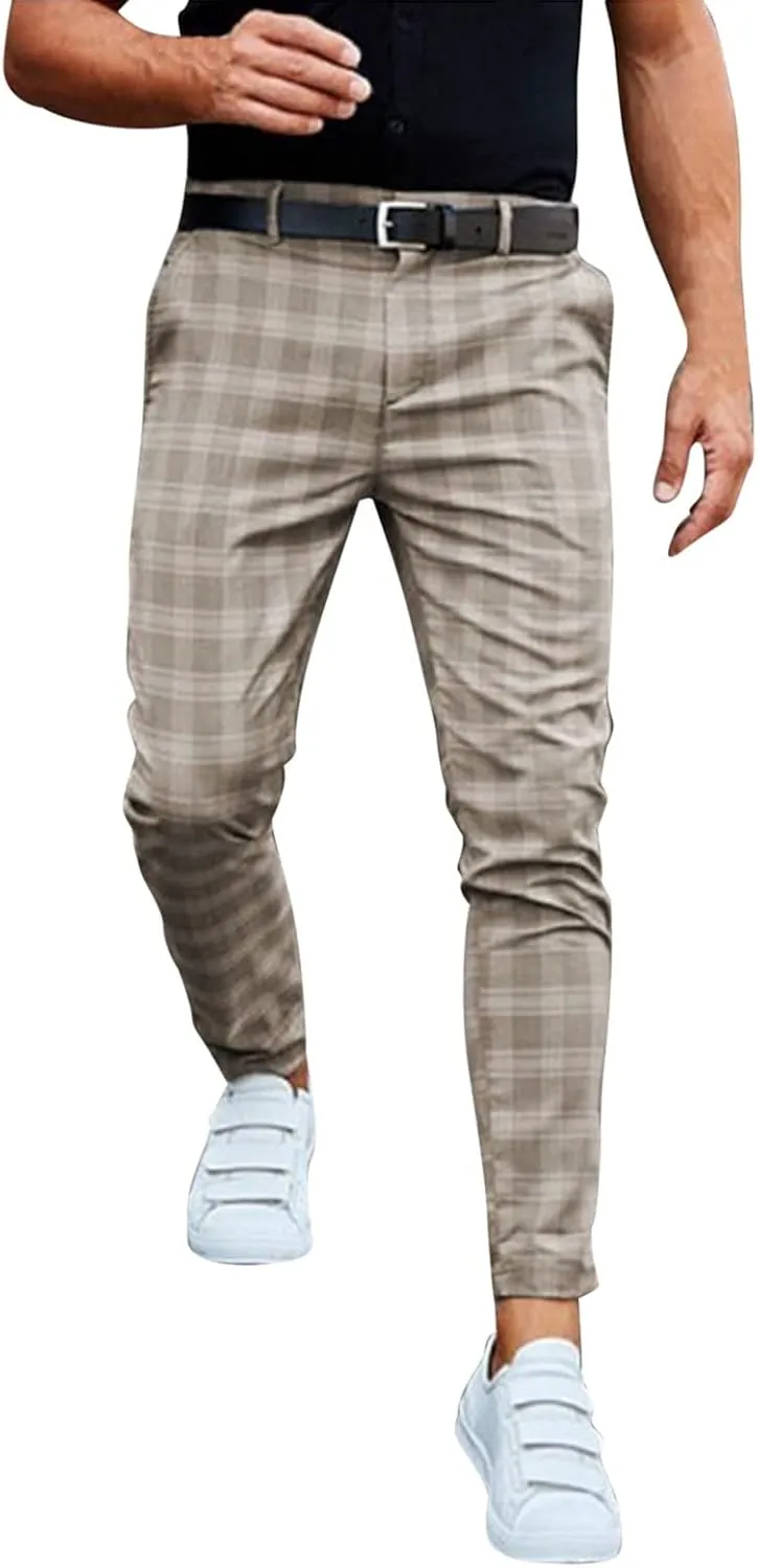 Men's Stretch Slim Fit Plaid Dress Pants Skinny Flat-Front Casual Work Business Checkered Tapered Chinos Pants