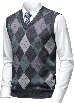 Mens Thick Argyle Sweater Vests Classic V-Neck Knitwear Sleeveless Pullover Autumn Winter Warm Tank Tops