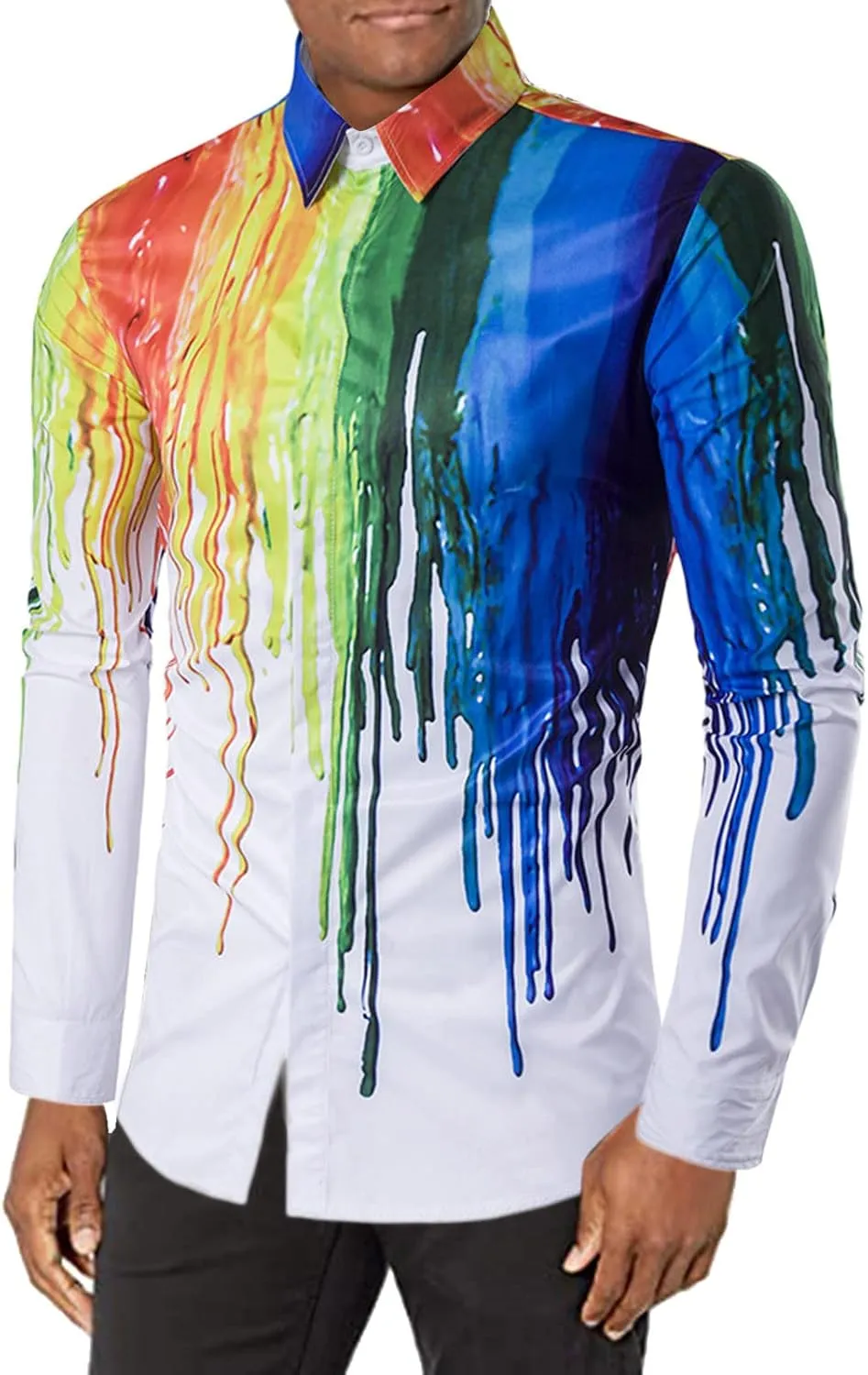 Mens Tie-Dye T-Shirts Colorful Rainbow Dress Shirts Floral Slim Fit Long Sleeve Casual Button Down Poplin Shirts