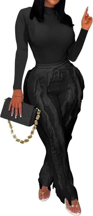 MESLIMA Casual 2 Pieces Outfits for Women Round Collar Long Sleeve Bodysuits with Fringe Long Pants Set Jumpsuits