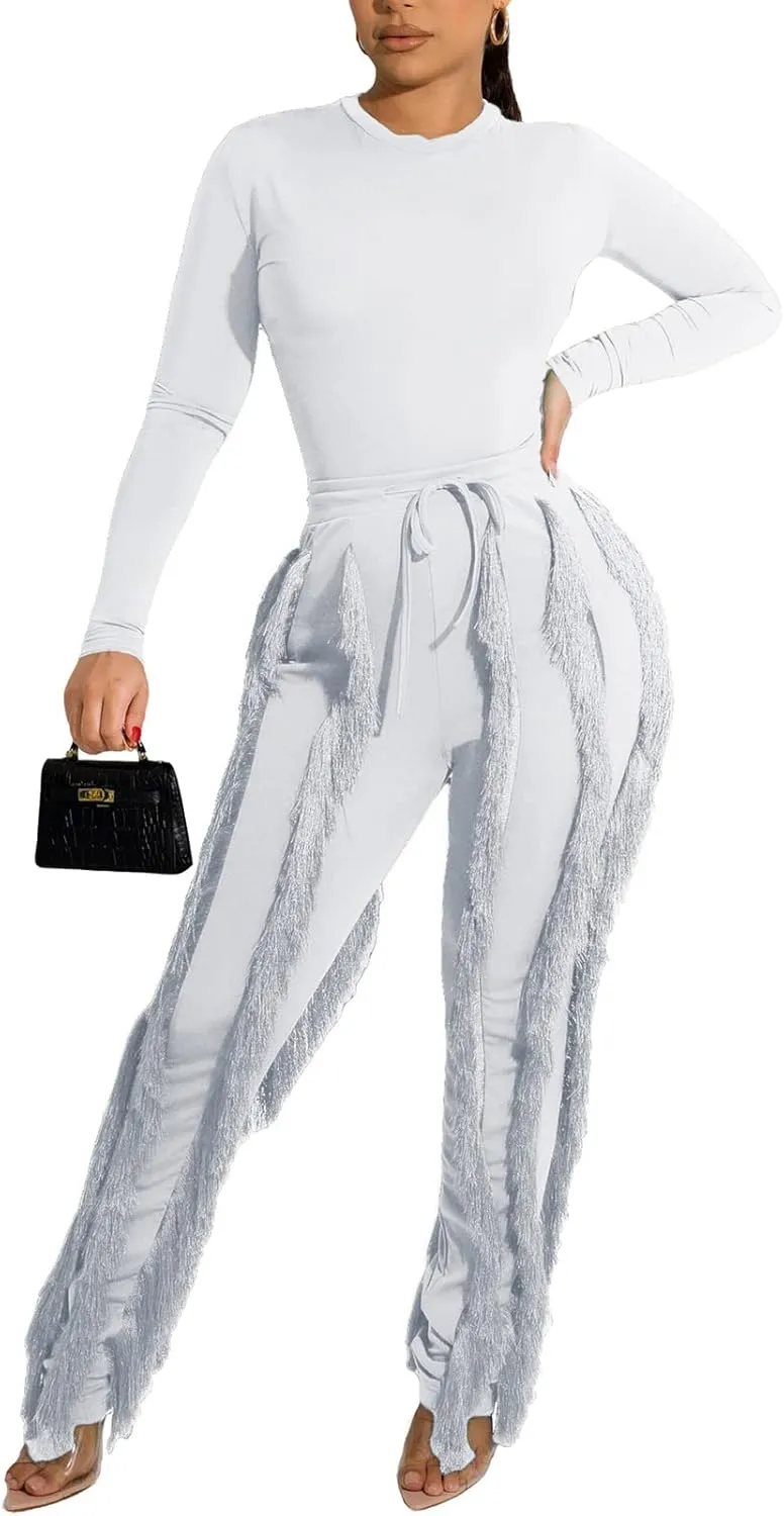 MESLIMA Casual 2 Pieces Outfits for Women Round Collar Long Sleeve Bodysuits with Fringe Long Pants Set Jumpsuits
