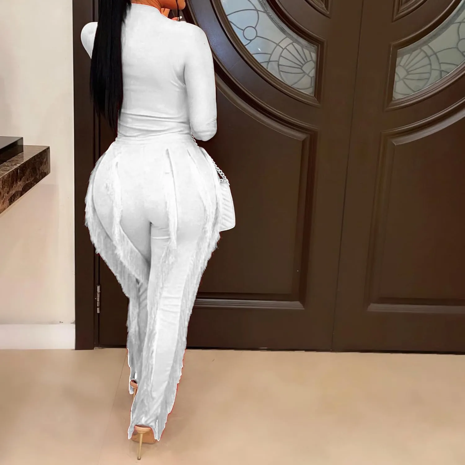 MESLIMA Casual 2 Pieces Outfits for Women Round Collar Long Sleeve Bodysuits with Fringe Long Pants Set Jumpsuits