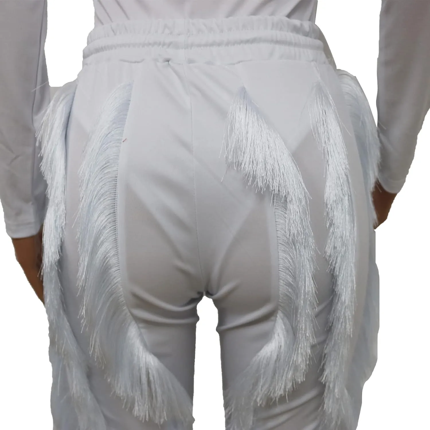 MESLIMA Casual 2 Pieces Outfits for Women Round Collar Long Sleeve Bodysuits with Fringe Long Pants Set Jumpsuits