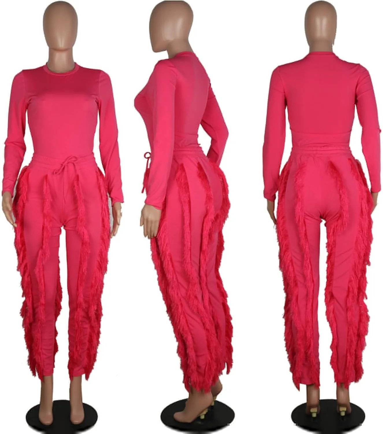 MESLIMA Casual 2 Pieces Outfits for Women Round Collar Long Sleeve Bodysuits with Fringe Long Pants Set Jumpsuits