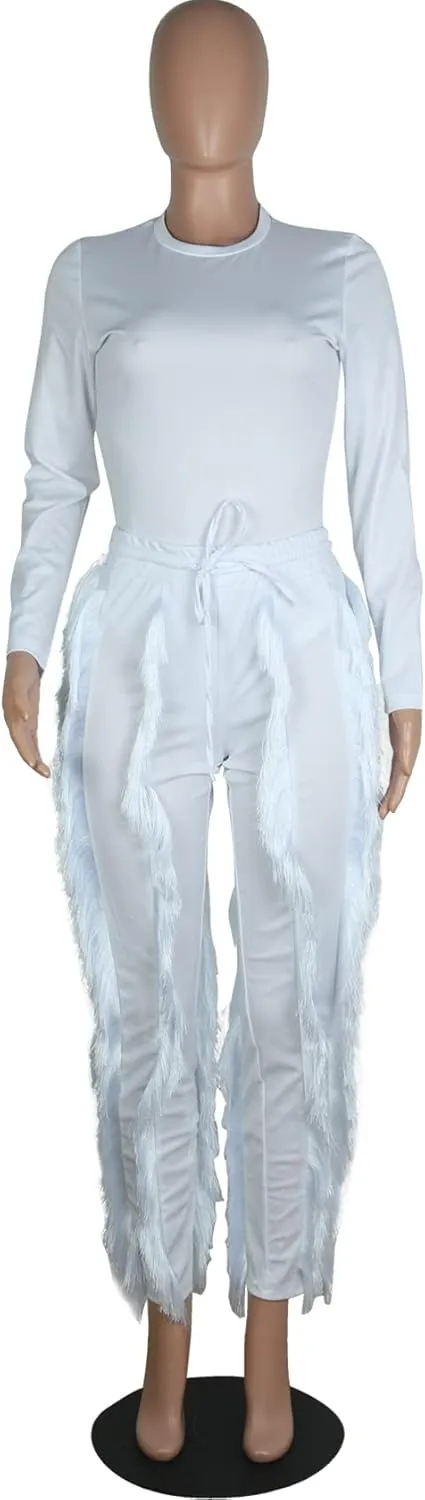 MESLIMA Casual 2 Pieces Outfits for Women Round Collar Long Sleeve Bodysuits with Fringe Long Pants Set Jumpsuits
