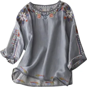 Mexican Embroidered Shirts for Women Bohemian Cotton Linen Tops Ethnic Floral Peasant Tee Short Sleeve O Neck T Shirt