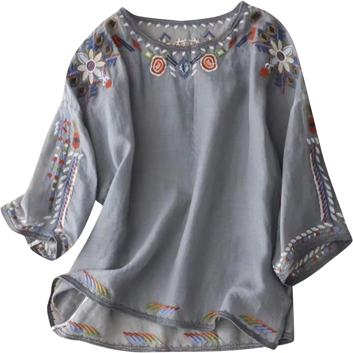 Mexican Embroidered Shirts for Women Bohemian Cotton Linen Tops Ethnic Floral Peasant Tee Short Sleeve O Neck T Shirt