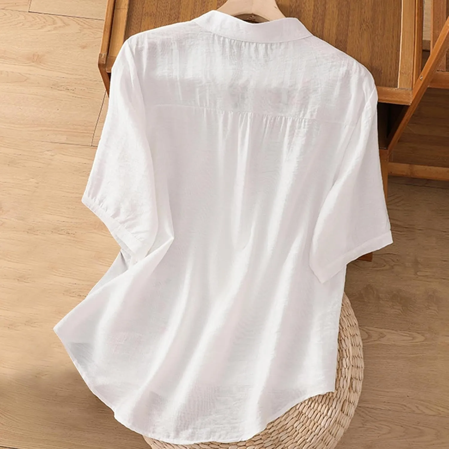 Mexico Shirts for Women Summer Embroidered Cotton Linen Blouse 3/4 Sleeve V Neck Top Vintage Boho Causal Button Shirt