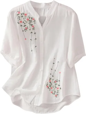 Mexico Shirts for Women Summer Embroidered Cotton Linen Blouse 3/4 Sleeve V Neck Top Vintage Boho Causal Button Shirt