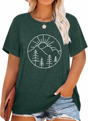 MK Shop Limited Plus Size Tops for Women Cute Vintage Graphic Tee Sunrise Camping Funny Print Casual Nature Travel Shirt
