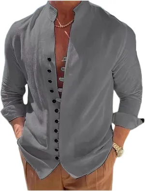 Mmoneyake Linen Button Up Shirts for Men Casual Long Sleeve Hippie T Shirts Tropical Holiday Beach Shirts Banded Collar Tee