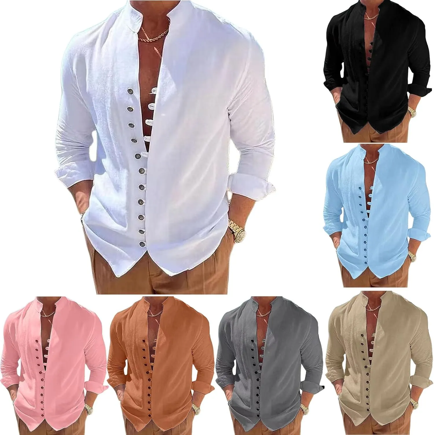 Mmoneyake Linen Button Up Shirts for Men Casual Long Sleeve Hippie T Shirts Tropical Holiday Beach Shirts Banded Collar Tee