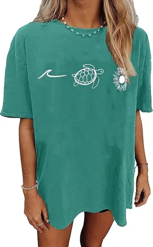 Oversized Tshirts Cute Tops for Women Shark Flower Graphic Tees Tops Summer Casual Loose Beach Vacation Shirts