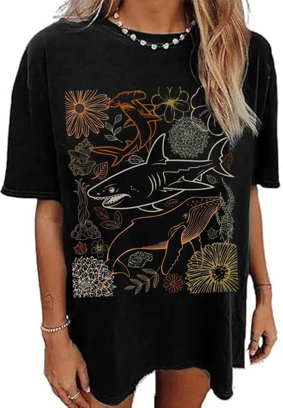 Oversized Tshirts Cute Tops for Women Shark Flower Graphic Tees Tops Summer Casual Loose Beach Vacation Shirts