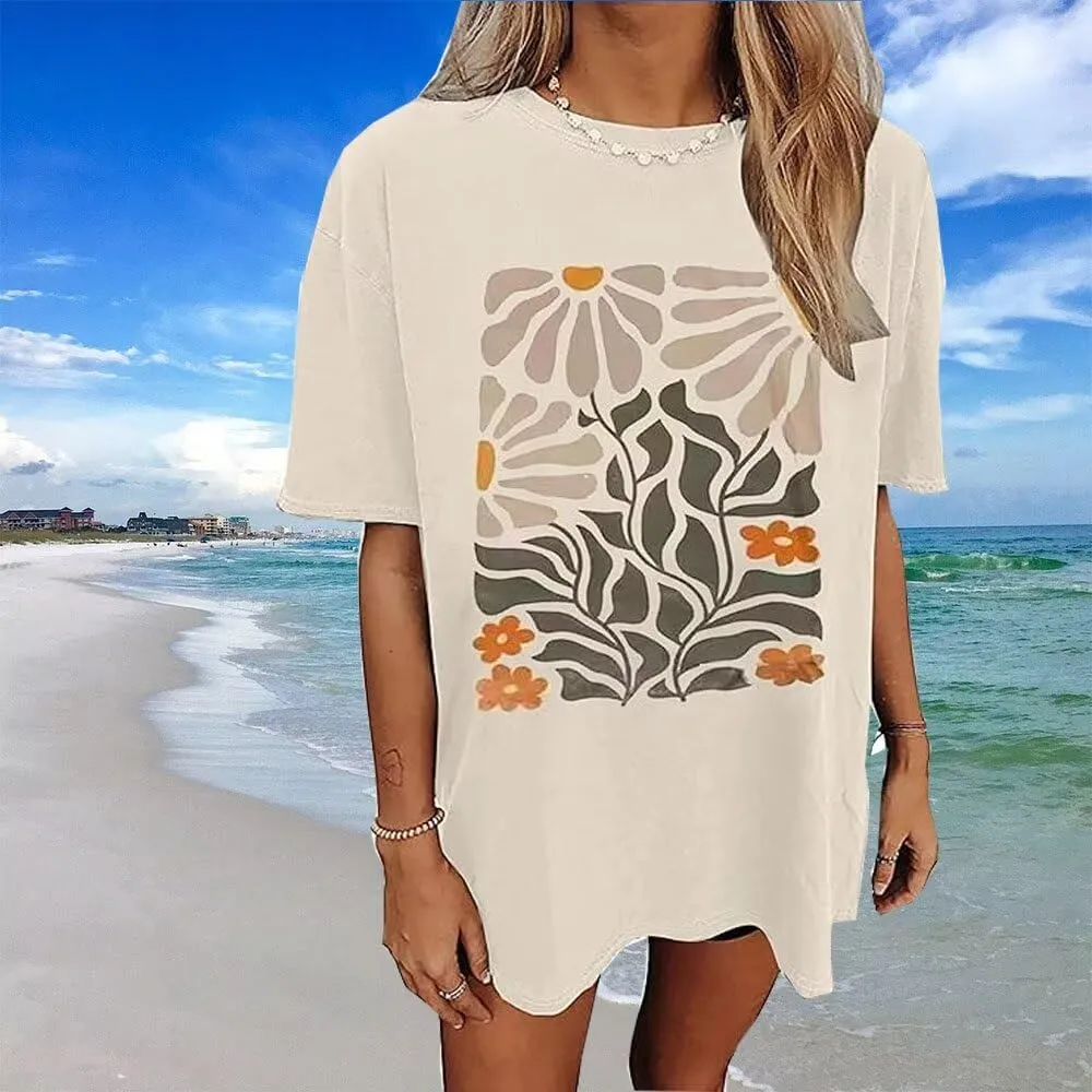Oversized Tshirts Cute Tops for Women Shark Flower Graphic Tees Tops Summer Casual Loose Beach Vacation Shirts