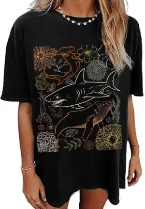 Oversized Tshirts Cute Tops for Women Shark Flower Graphic Tees Tops Summer Casual Loose Beach Vacation Shirts