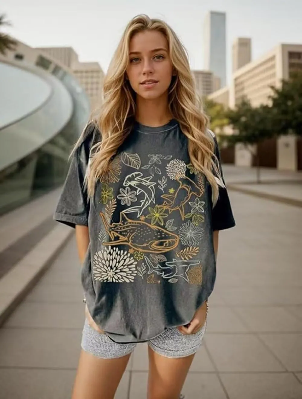 Oversized Tshirts Cute Tops for Women Shark Flower Graphic Tees Tops Summer Casual Loose Beach Vacation Shirts