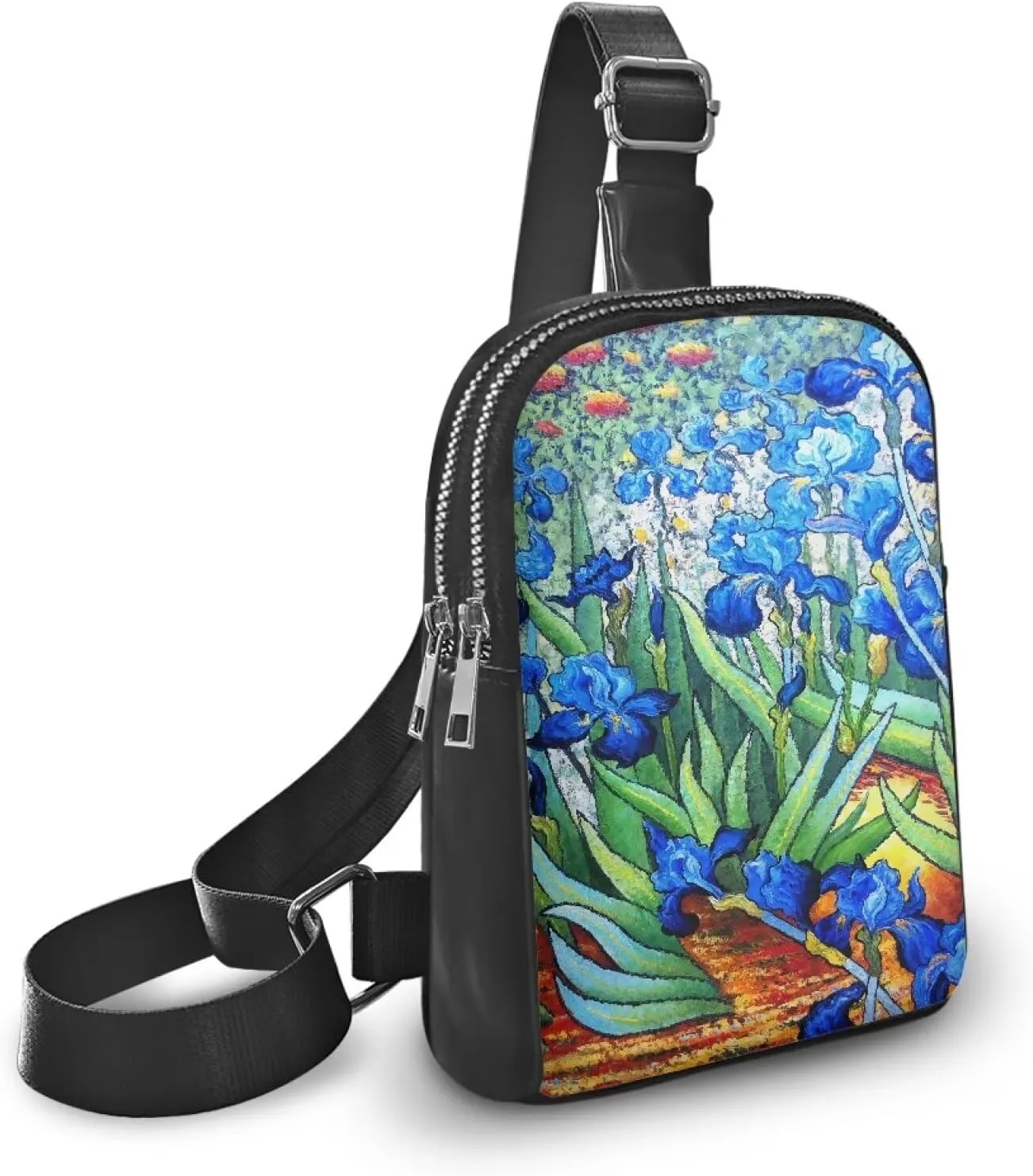 Painting Irises Sling Bag for Women Crossbody Bag, Van Gogh Art Large Fanny Waist Pack, Oil Painted Flowers PU Leather Cross Body Travel Purse Over Shoulder Bag