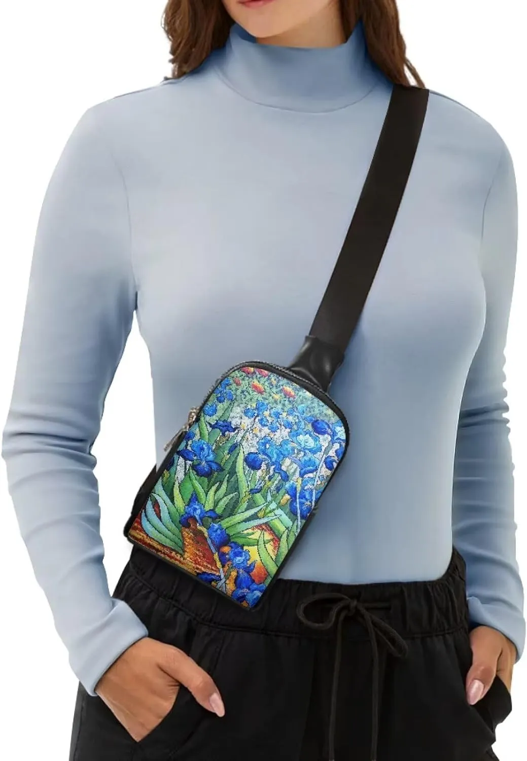 Painting Irises Sling Bag for Women Crossbody Bag, Van Gogh Art Large Fanny Waist Pack, Oil Painted Flowers PU Leather Cross Body Travel Purse Over Shoulder Bag