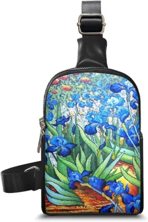 Painting Irises Sling Bag for Women Crossbody Bag, Van Gogh Art Large Fanny Waist Pack, Oil Painted Flowers PU Leather Cross Body Travel Purse Over Shoulder Bag