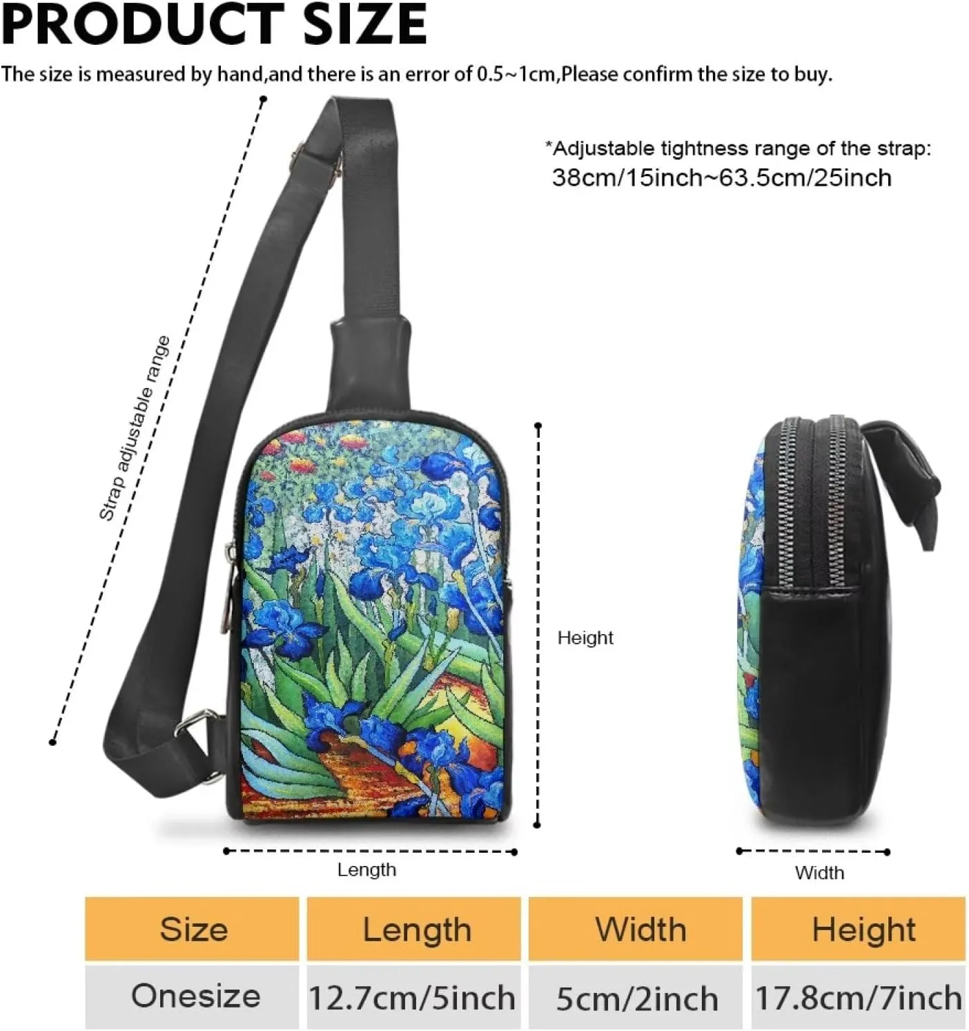 Painting Irises Sling Bag for Women Crossbody Bag, Van Gogh Art Large Fanny Waist Pack, Oil Painted Flowers PU Leather Cross Body Travel Purse Over Shoulder Bag