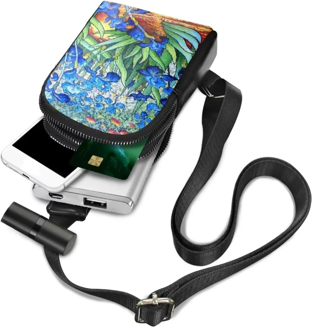 Painting Irises Sling Bag for Women Crossbody Bag, Van Gogh Art Large Fanny Waist Pack, Oil Painted Flowers PU Leather Cross Body Travel Purse Over Shoulder Bag
