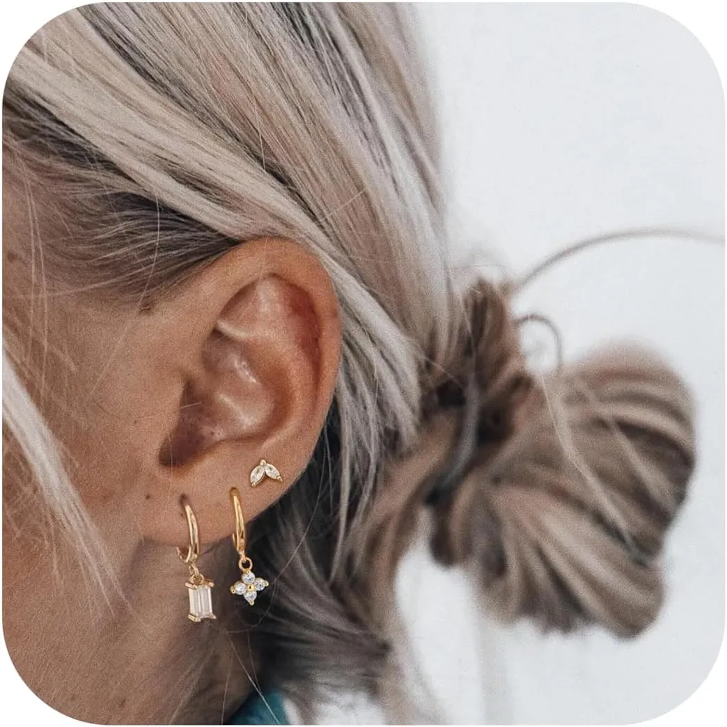 RIOSO Stud Earrings for Women Gold CZ Huggie Hoop Earrings Gold Cartilage Hypoallergenic Earrings Sets for Multiple Piercing Dainty Earrings Set