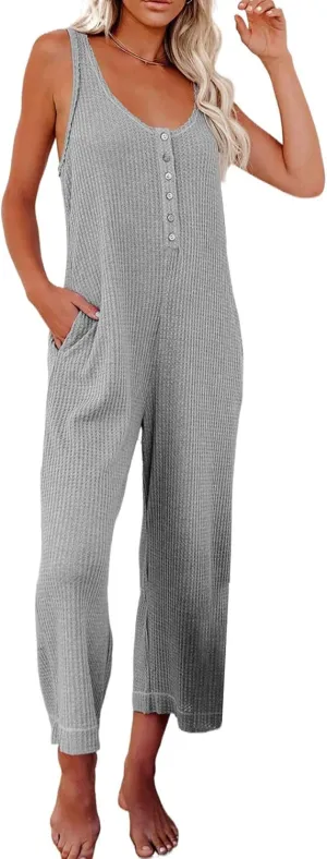 ROSKIKI Womens Solid Casual Loose Sleeveless Button Down Cropped Jumpsuit Pants with Pocket