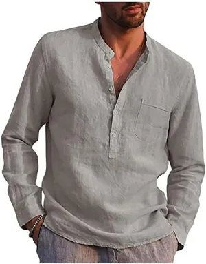 RTRDE Men's Long Sleeve Shirts Summer Casual Cotton Linen Solid Color Shirts Loose Stand Collar Shirts Tshirts, M-3XL