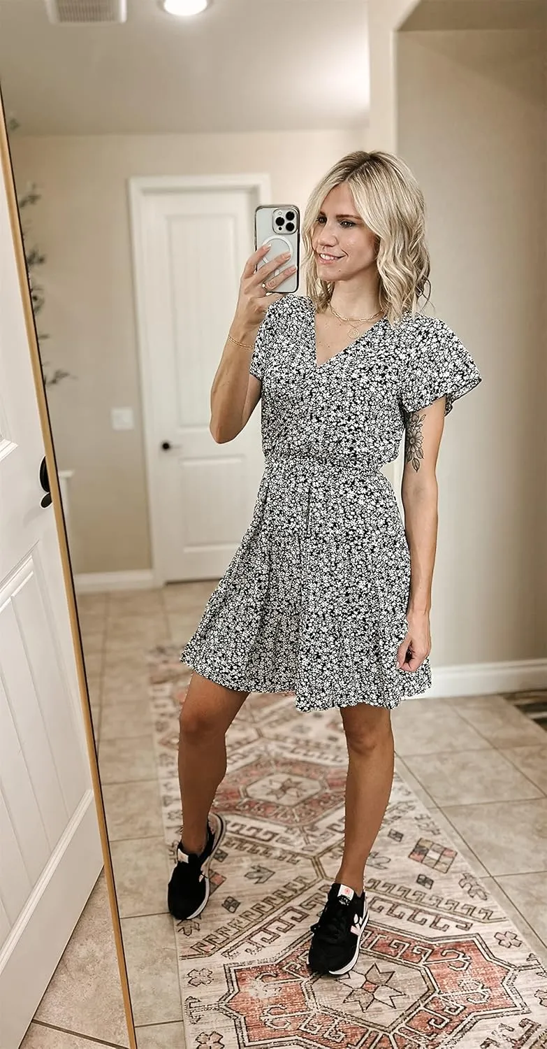 Ruolai 2023 Women's Summer Dresses Casual Short Sleeve V Neck Ruffle Floral Print High Waist Flowy Mini Dress with Belt