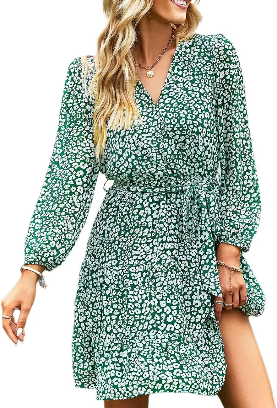 Ruolai 2023 Women's Summer Dresses Casual Short Sleeve V Neck Ruffle Floral Print High Waist Flowy Mini Dress with Belt