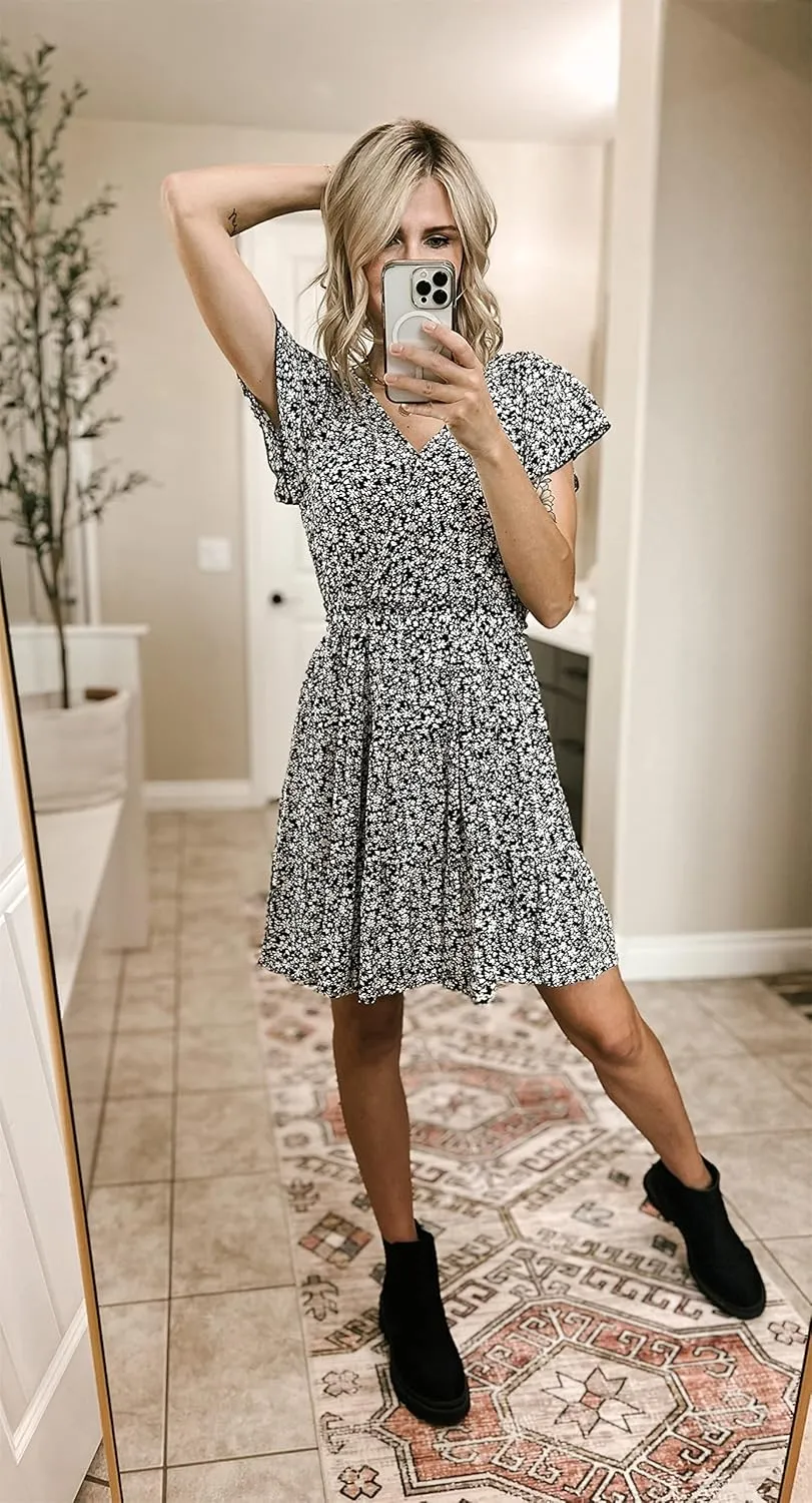 Ruolai 2023 Women's Summer Dresses Casual Short Sleeve V Neck Ruffle Floral Print High Waist Flowy Mini Dress with Belt