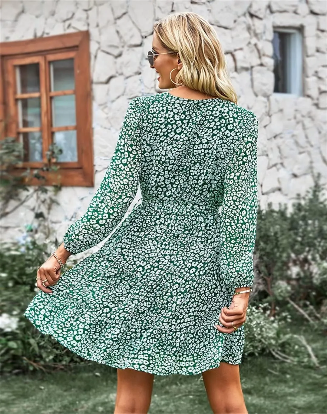 Ruolai 2023 Women's Summer Dresses Casual Short Sleeve V Neck Ruffle Floral Print High Waist Flowy Mini Dress with Belt