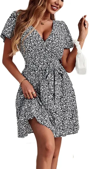 Ruolai 2023 Women's Summer Dresses Casual Short Sleeve V Neck Ruffle Floral Print High Waist Flowy Mini Dress with Belt