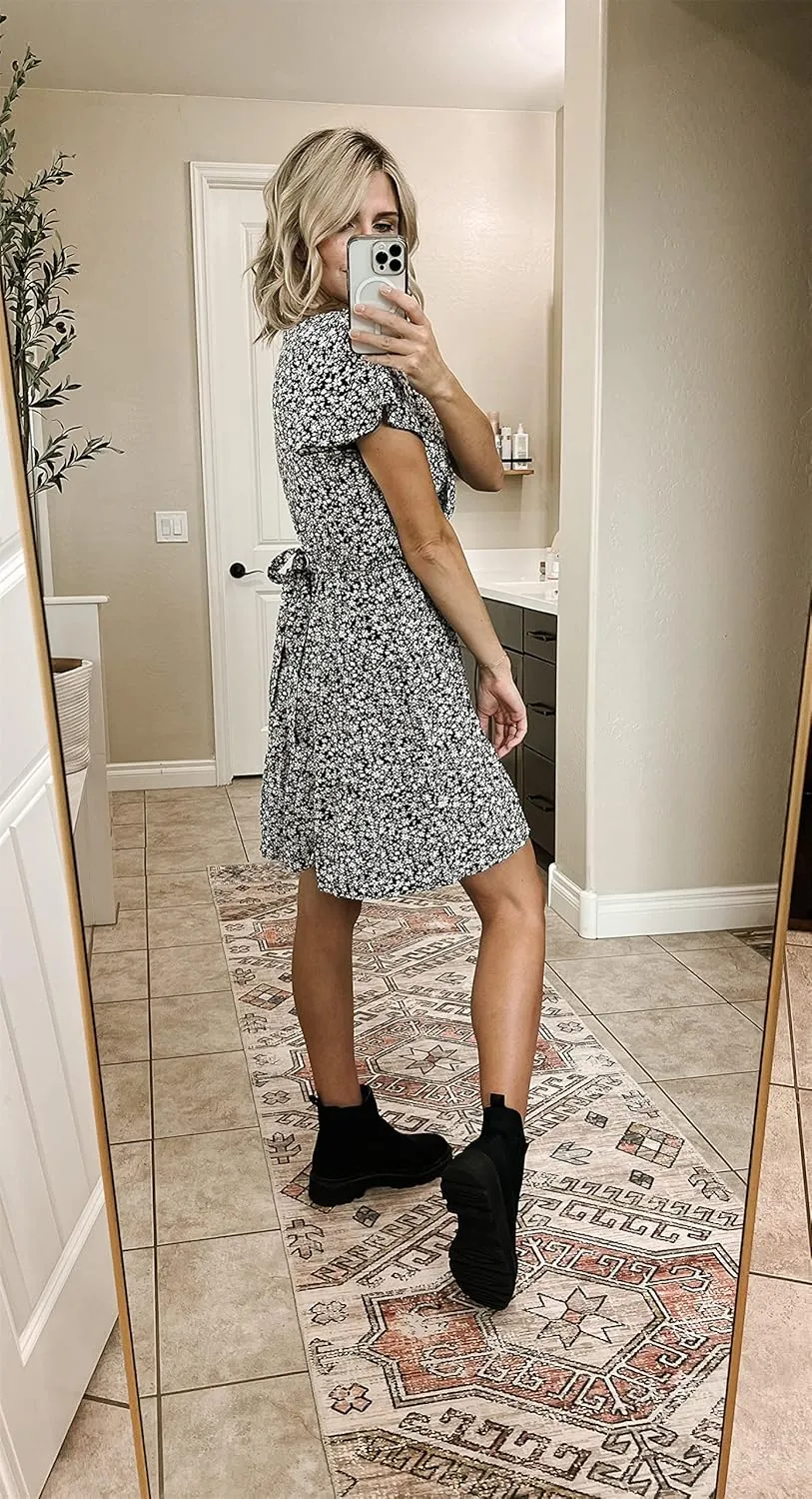 Ruolai 2023 Women's Summer Dresses Casual Short Sleeve V Neck Ruffle Floral Print High Waist Flowy Mini Dress with Belt