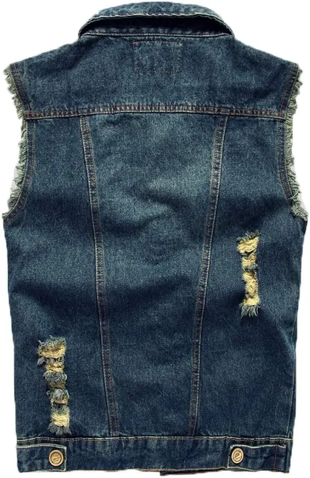 Saukiee Men's Casual Lapel Denim Vest Jacket Vintage Slim Fit Sleeveless Ripped Jeans Vests