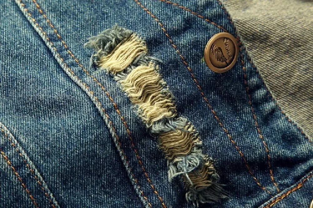 Saukiee Men's Casual Lapel Denim Vest Jacket Vintage Slim Fit Sleeveless Ripped Jeans Vests