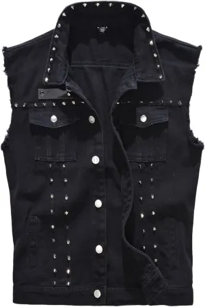 Saukiee Men's Casual Lapel Denim Vest Jacket Vintage Slim Fit Sleeveless Ripped Jeans Vests